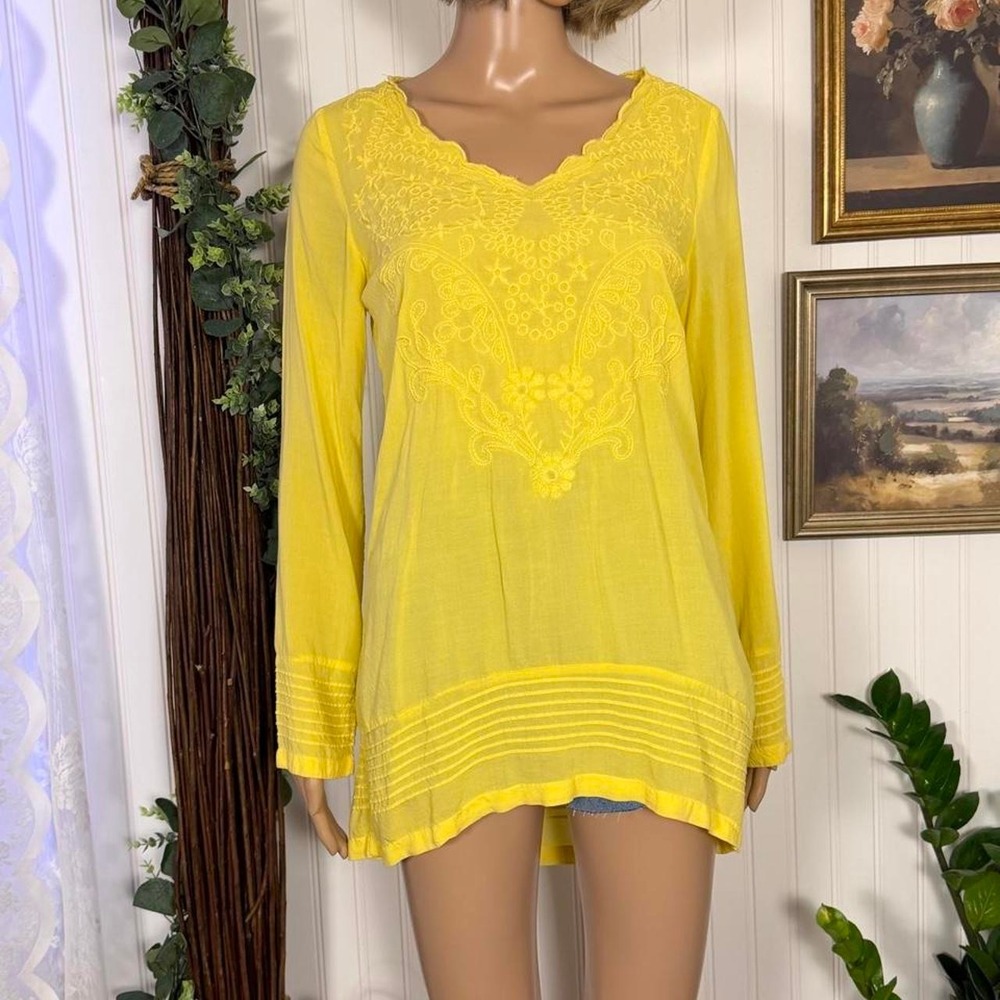 Yellow Embroidered Boho Tunic Top Size S